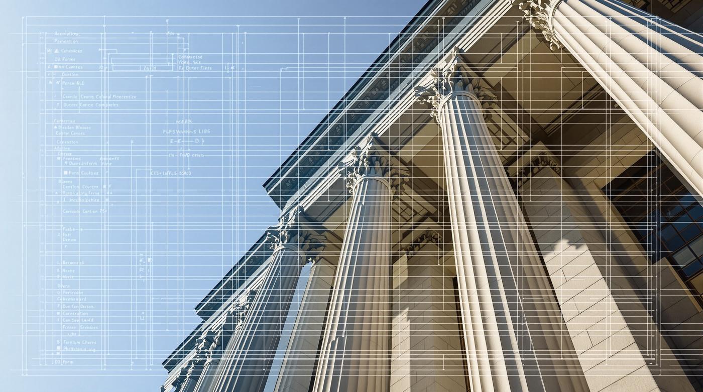 Concept image: neoclassical stone columns of a federal building, overlaid with a fine blueprint grid of interface components.