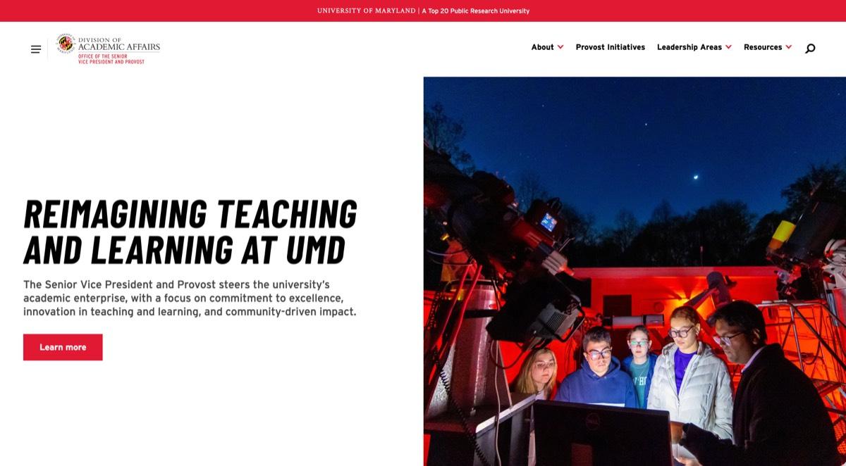 Office of the Provost page headed Reimagining teaching and learning at UMD.