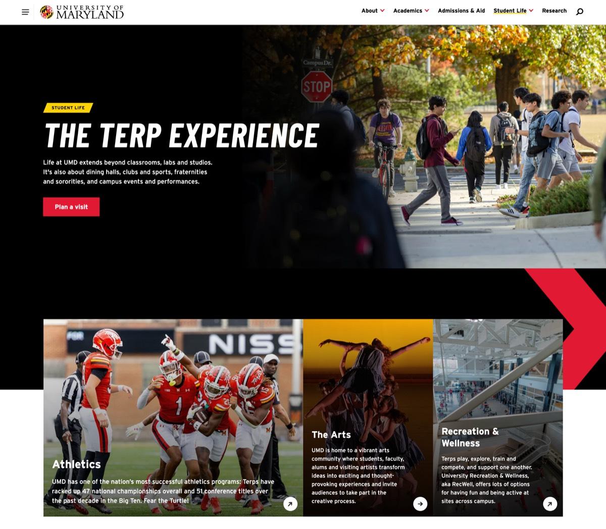 umd.edu homepage section titled The Terp Experience.