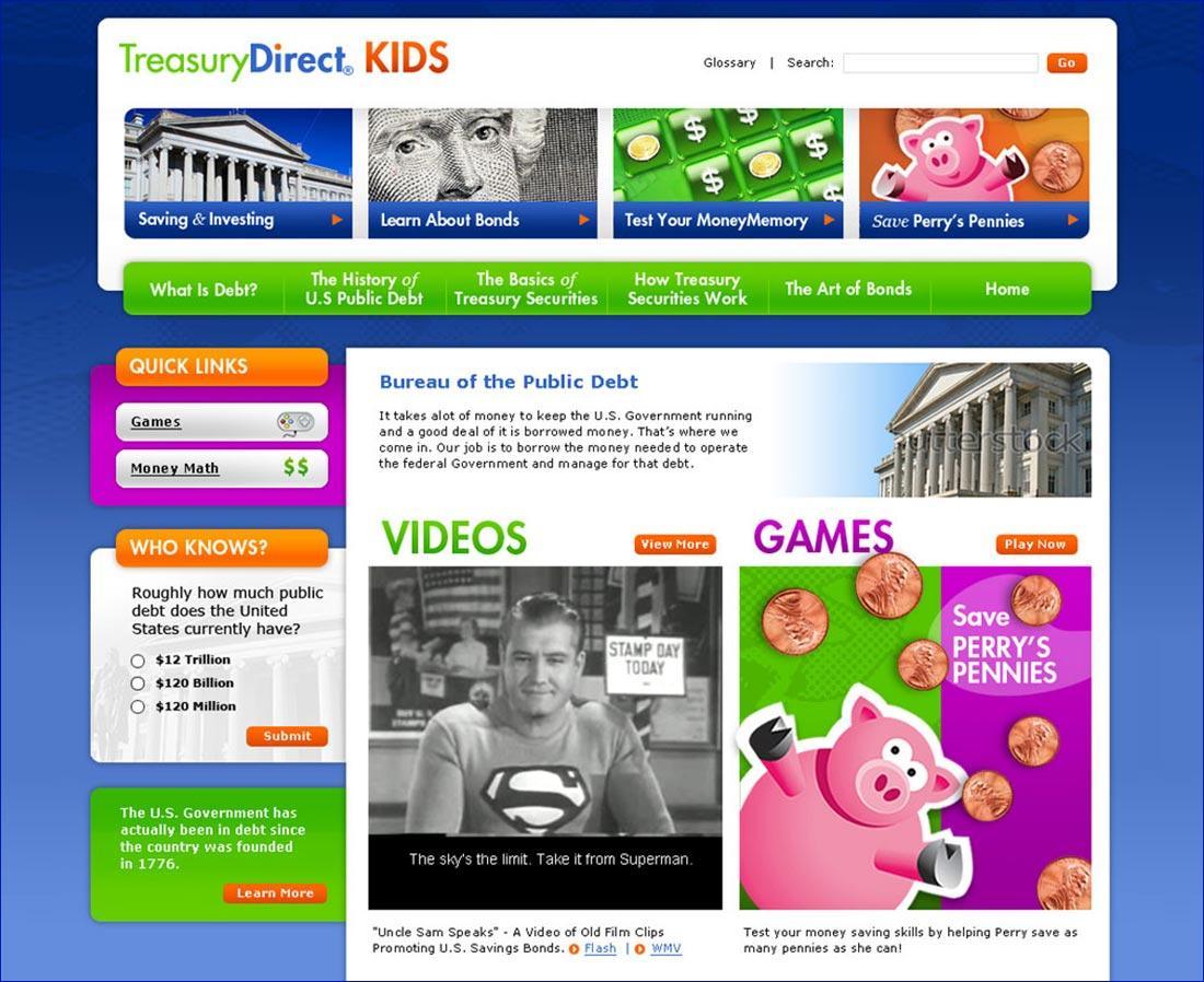 TreasuryDirect Kids homepage with games, videos and a cartoon piggy bank.