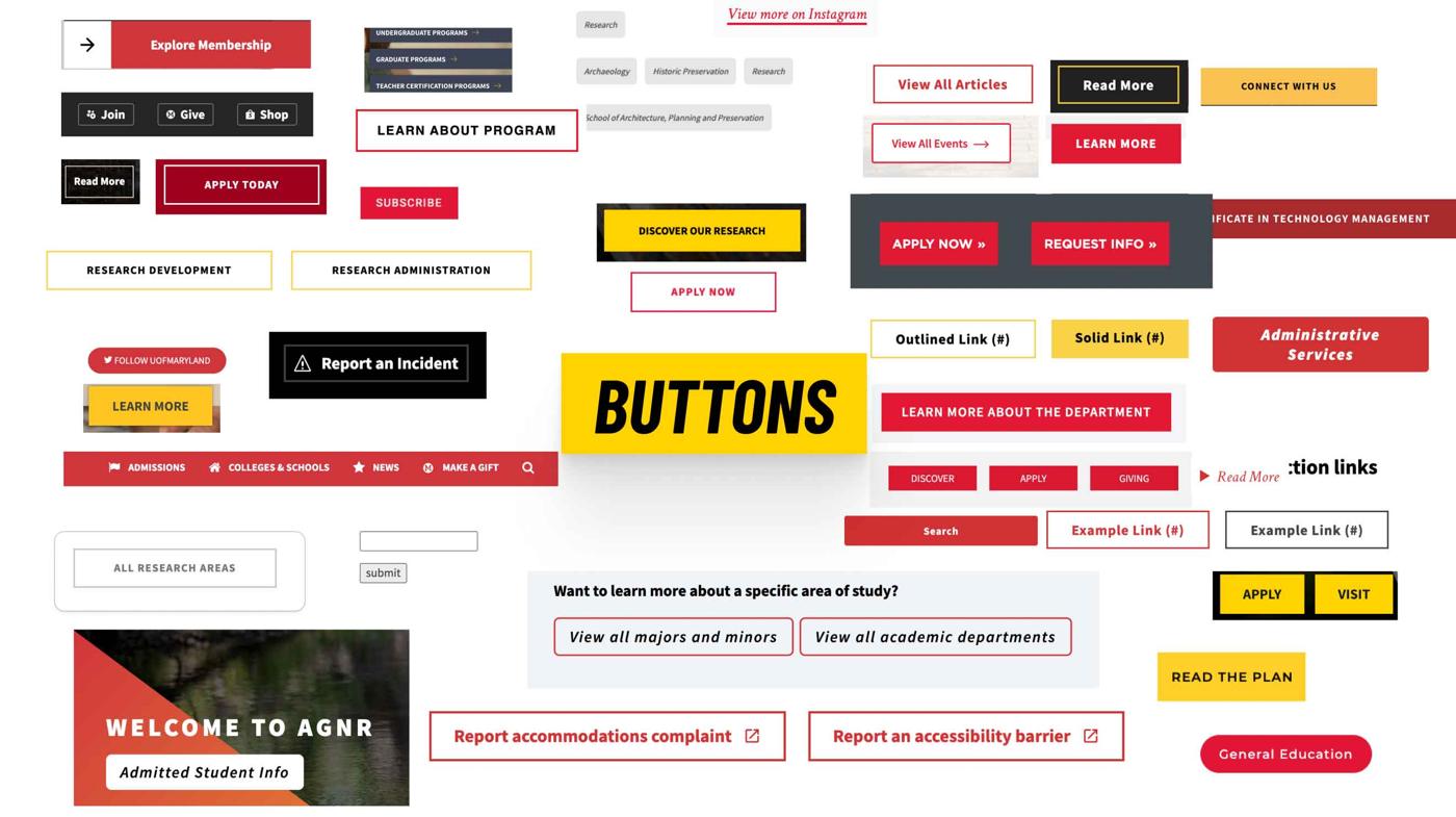 An inventory board of dozens of inconsistent buttons and links collected from university websites.